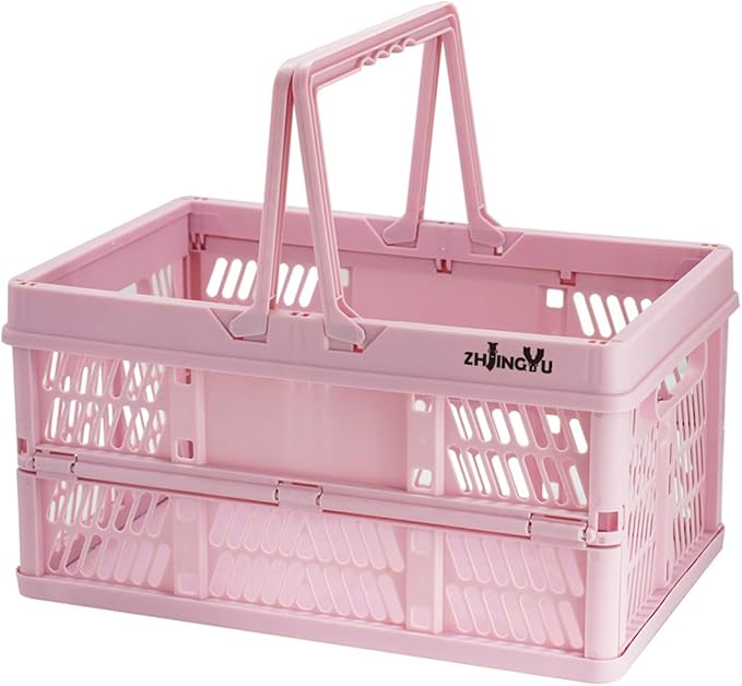 Pink crates for storage,plastic baskets for organizing,14.96" x9.84"x 7.87" collapsible shopping basket,20L foldable crate with Handles,Car Milk Dairy crate for Kitchen,Bathroom,school,office