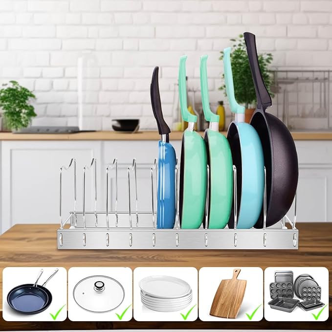 2Pack Lid Organizer Pot Lid Organizer Detachable and Adjustable Pots and Pans Organizer for Kitchen Cabinet Storage for Pots and Pans, Cutting Boards, Cooking Utensils