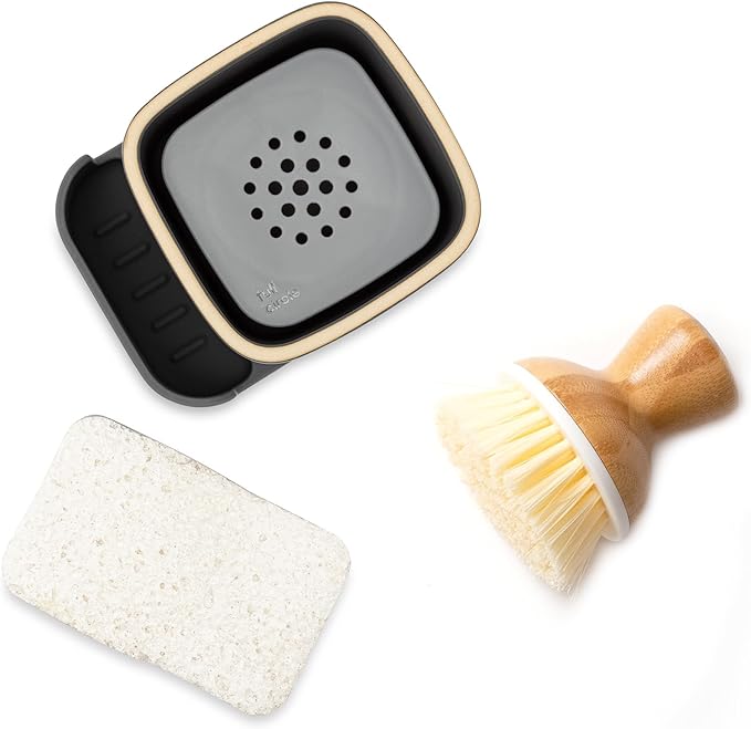 Full Circle Bubble Up Combo — Family Safe, Formaldehyde-Free – Gray Ceramic Soap Dish with Plant-Based Sponge & Bamboo Dish Brush – Versatile Kitchen Scrub Brush Set for Pots, Pans, Counter & Ovens