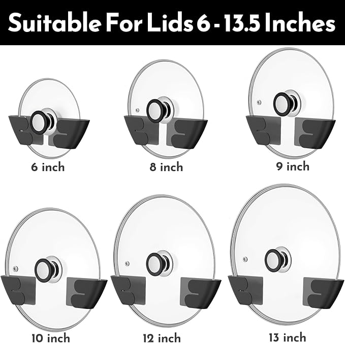Universal Adjustable Pot Lid Organizer for Cabinet - Upgraded Patented Set of 8 Pan Lids Organizers Inside Cabinet Door Wall Mount Pots Top Holder for Kitchen Cupboard, Fits 6" to 14" (Black)