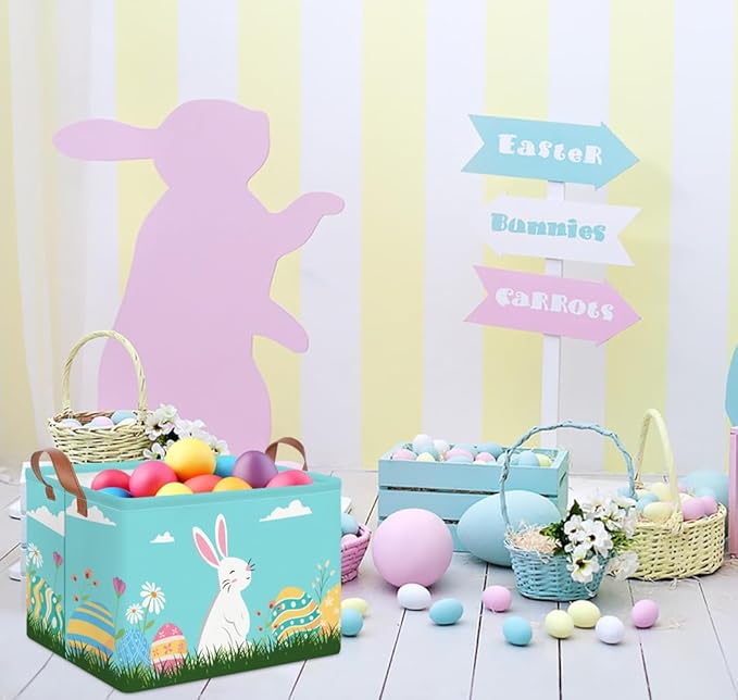 Rectangular Easter Eggs Basket Empty,Easter Storage Bin with Handles,Baby Room Decor,Gift Basket(Blue Easter Eggs)