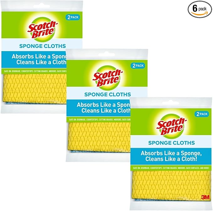 Scotch-Brite Sponge Cloth – 6-Pack (3 Packs of 2 Each), Reusable and Washable, Highly Absorbent, Multi-Purpose Cleaning Cloths