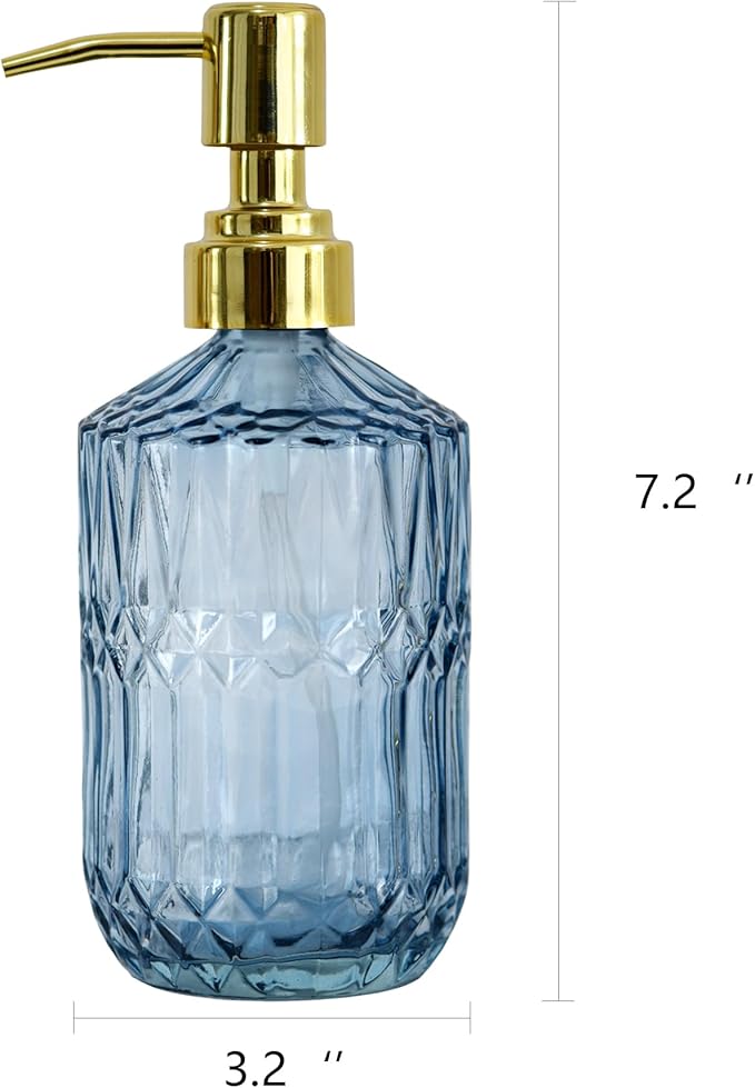 18oz Blue Glass Soap Dispenser, Refillable Kitchen, Bathroom Thick Glass Soap Dispenser with Golden Rustproof Pump for Dishwashing Liquid, Hand Soap, Lotion, Body Wash (Blue-Golden Pump)