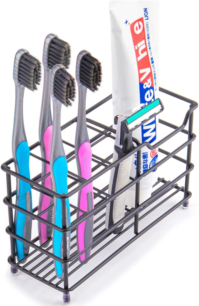Stainless Steel Toothbrush and Toothpaste Holder for Bathroom – 7-Slot Black Organizer, Space-Saving Hygienic Storage with Modern Design for Countertop