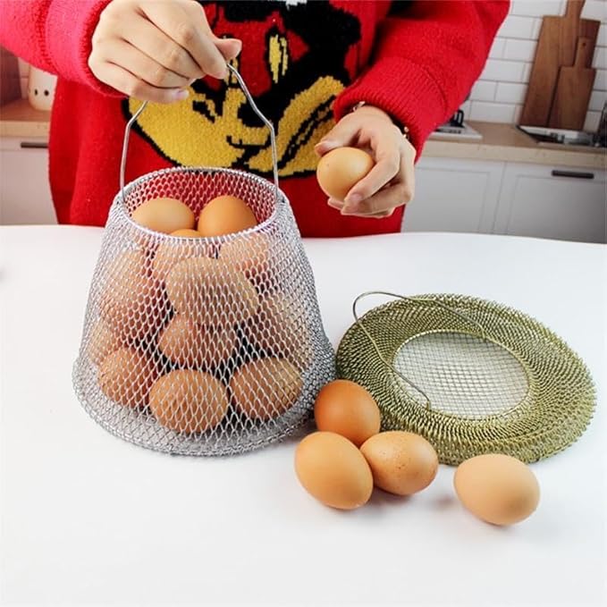 Collapsible Round Egg Basket - Metal Wire Storage with Handles, Perfect for Hanging & Family Farm Gathering - Golden Basket for Chicken Farm, Holds 20-25 eggs
