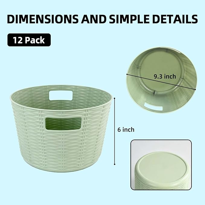 12-Pack Plastic Storage Baskets, Stackable & Nestable Organizer Bins for Toys, Clothes, Home (Green - Circular)