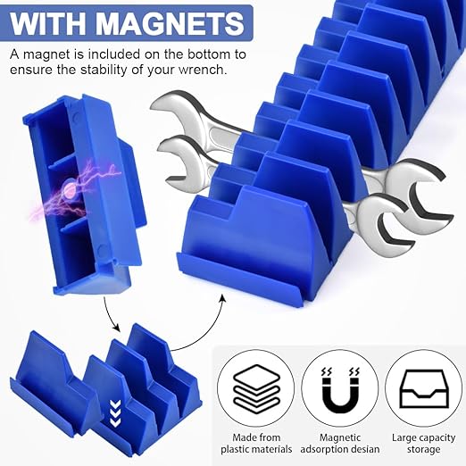 48 pcs Magnetic Modular Wrench Organizers for Tool Drawers, Tool Storage Holder Wrench Rack with Metric & SAE Labels (Color:Blue)