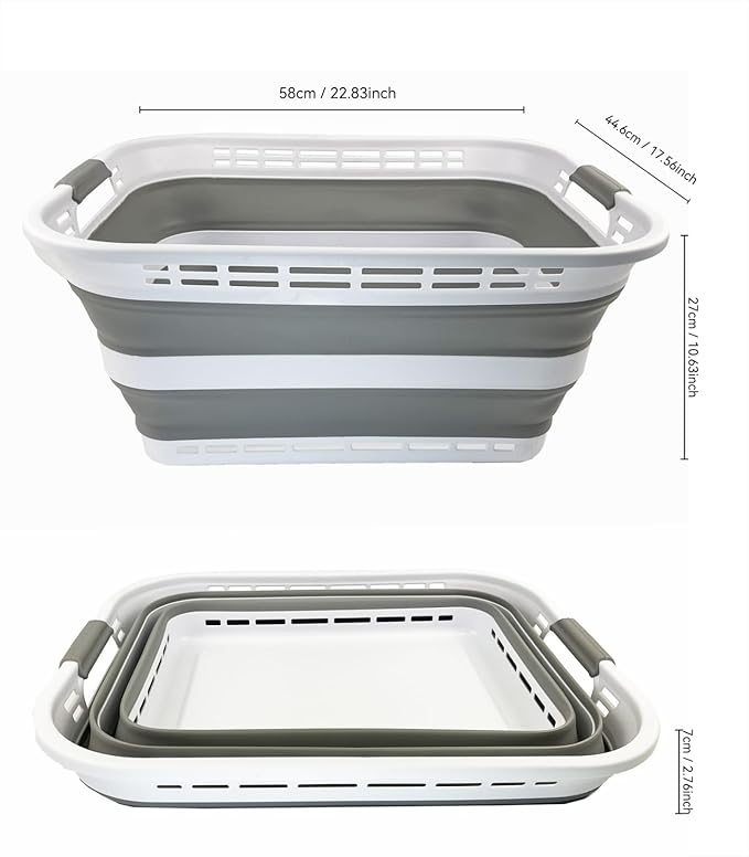 SAMMART 42L (11 Galloons) Collapsible Plastic Laundry Basket - Foldable Pop Up Storage Container/Organizer - Portable Washing Tub - Space Saving Hamper/Basket [BPA Free] (White/Grey (Set of 2))