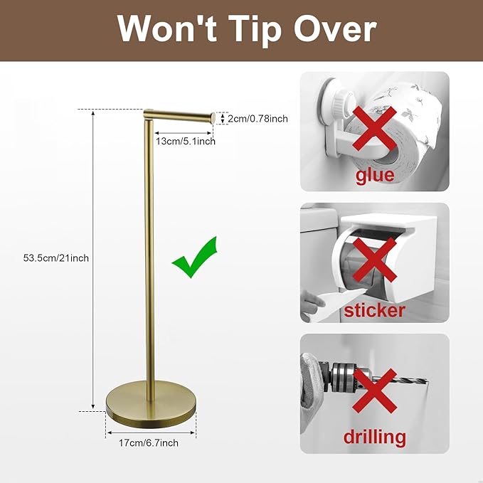 Kelirol Toilet Paper Holder Stand, Gold 304 Stainless Steel,Free Standing for Bathroom,Weighted Base