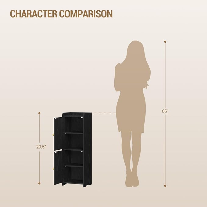 Bathroom Storage Cabinet, Small Corner Floor Cabinet with 2 Doors and Adjustable Shelf, Narrow Toilet Paper Cabinets, Bathroom Organizer for Small Spaces, 7.9" D x 9.8" W x 29.5" Rattan Black