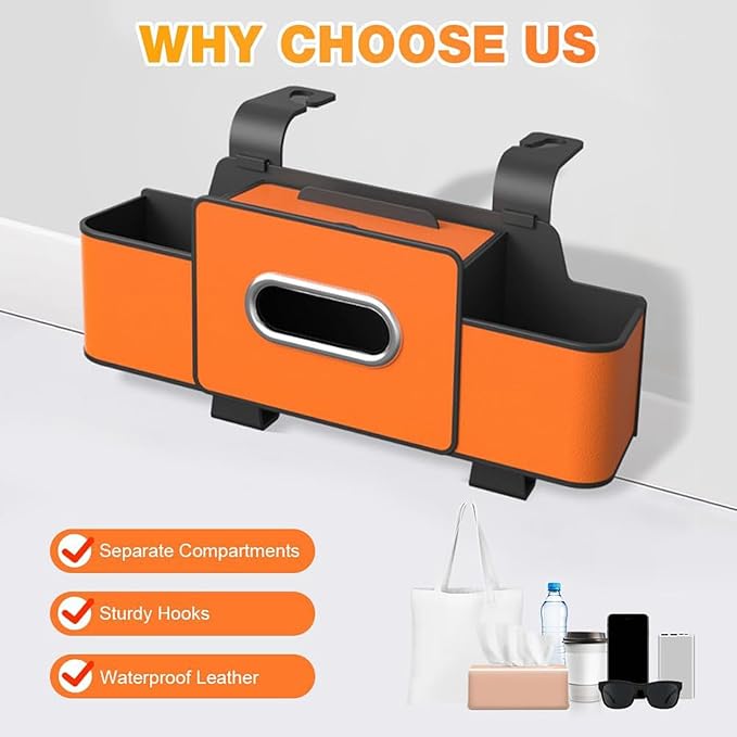 3-in-1 Car Back Seat Organizer with Cup Holder, Multifunctional Car Seat Back Organizer and Storage Box, with 2 Cup Holders, Tissue Box and Hook, for Hold Phone,Snacks, Drinks, Handbag (Orange,1PC)