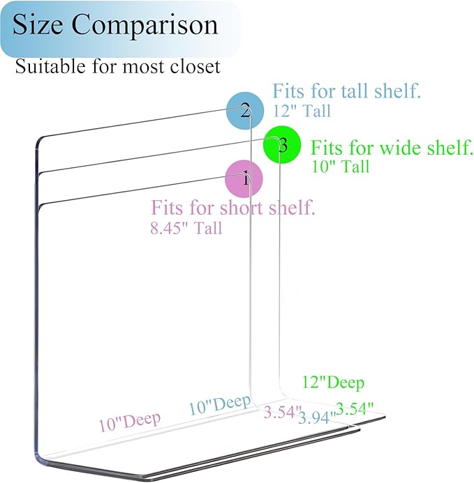 Lebouri Acrylic Shelf Dividers for Closet Organization: 10" Tall Clear Closet Dividers for Shelves - Free-Standing Shelf Separators for Clothes Sweater Purse