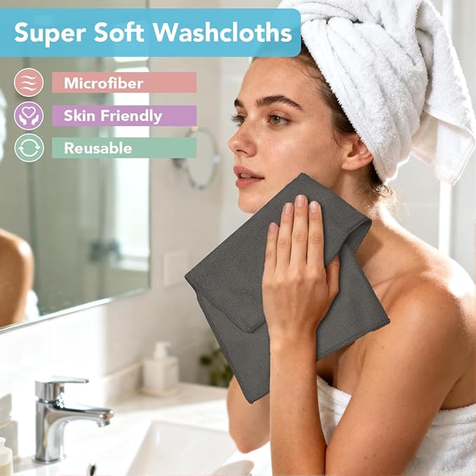Orighty Washcloths Towels Set 10 Pack, Highly Absorbent and Soft Feel Microfiber Face Cloths, Multi-Purpose Wash Cloths & Hand Towels for Bathroom, Hotel, Spa, and Gym, 11.5x11.5 Inch, Grey