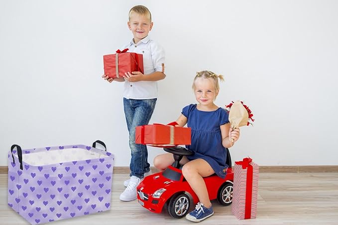 Sanjiaofeng Rectangular Valentine's Day Basket Love Storage Bins,Girls Storage Basket with Handles.Clothers,Books,Kid's Gifts Bins. (Purple love)