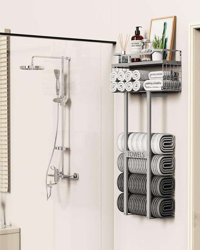 Towel Racks for Bathroom - Wall Mounted Metal Rack with Wood Plank, Bathroom Storage Organizer, Towel Holder Stores 6 Large Rolled Towels Easily, All Grey