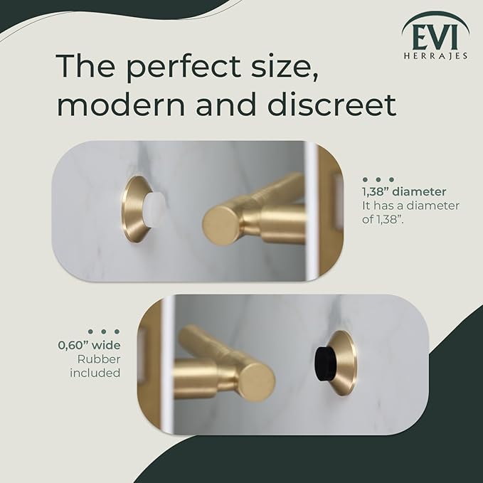 Evi Herrajes | Adhesive Door Stop | Wall Mounted | 1,37x0,59" | Matt Brass | Conical Shape | Two Rubbers Included | Adhesive or Screw Installation