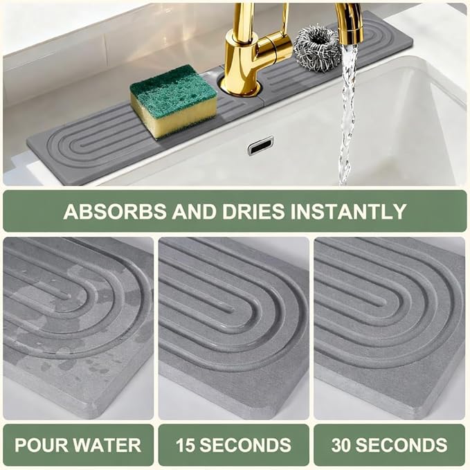 Meiliweser Faucet Mat for Kitchen Sink, Diatomite Quick Drying Stone Mat & Sink Protector, 15.8" x 4" Kitchen Sink Splash Guard, Absorbing Stone Tray for Bathroom Counter (Dark Gray)