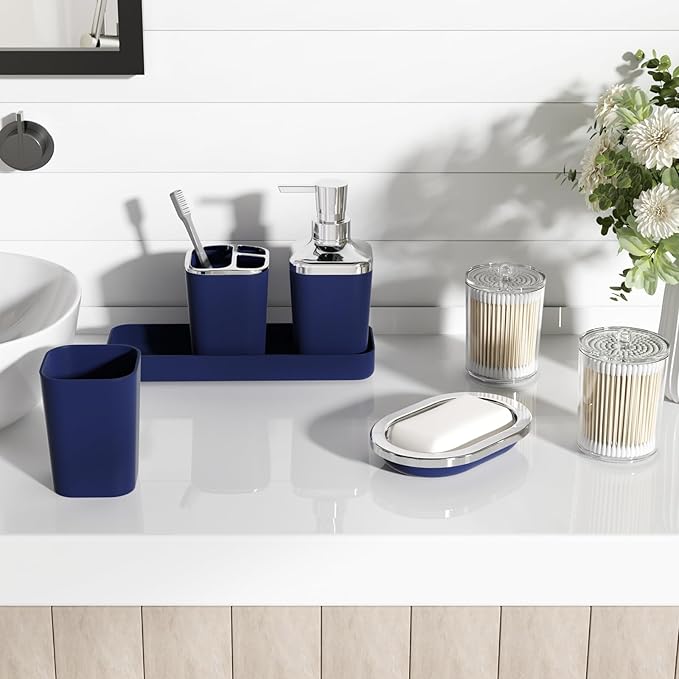 Navy Blue Bathroom Accessories Set, 9-Piece Plastic Gift Set with Trash Can, Toothbrush Holder, Toothbrush Cup, Soap Dispenser, Soap Dish, Toilet Brush Holder,2 Qtip Holder Dispensers and Tray