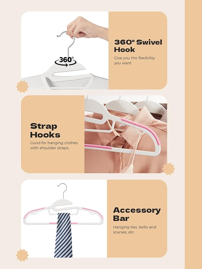 HOUSE DAY Heavy Duty Plastic Hangers 100 Pack, Pink Slim Clothes Hangers Space Saving, Non Slip Hangers with Rubber Pads, Durable Coat Hanger for Closet, S-Shaped Hanger for Shirt, Suit, Pant, Skirt