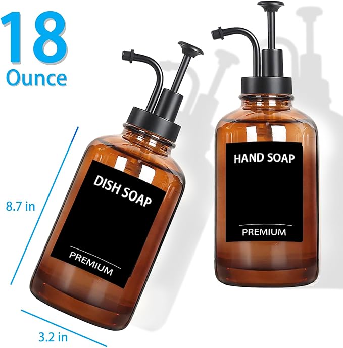 Amber 18 Oz Dish Soap Dispenser for Kitchen, Ultra-Thick Glass Soap Dispenser Set with Tray, Pump, Funnel for Bathroom, Liquid, Lotion, Shower, Laundry, (2 Pack with 12 Stickers)