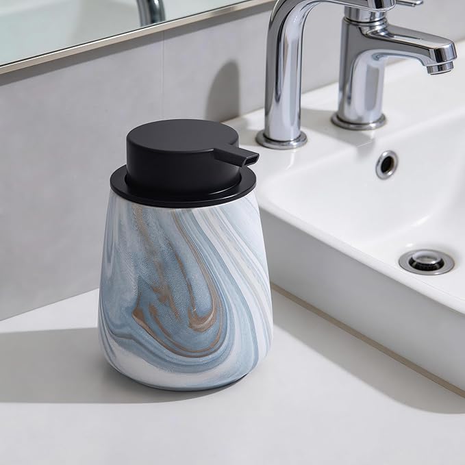 12Oz Foaming Hand Soap Dispenser - Ceramic Bathroom Foam Soap Dispenser with Easy-to-Press Black Pump, Refillable Lotion Hand Dispenser, Dish Soap Dispensers for Kitchen, Marble Blue