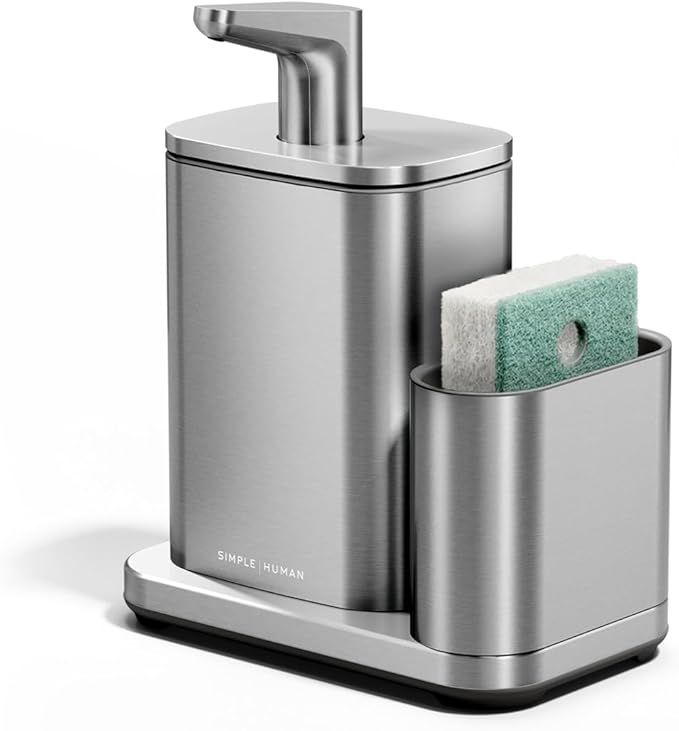 simplehuman Pulse Pump, 16 oz. with Caddy, Premium Soap Dispenser for Kitchen and Bathroom, Drip and Clog Free Valve, Mess-Free Wide Refill, Magnetic Caddy for Sponge, Brushed Stainless Steel