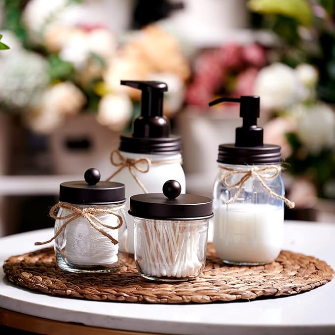 Amolliar Mason Jar Bathroom Accessories Set(4 Pack) -Bronze-Lotion Soap Dispenser&Qtip Holder Set&Toothbrush Holder-Rustic Farmhouse Decor Apothecary Jar Bathroom Countertop,Vanity Organize (Bronze)