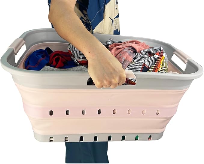 SAMMART 42 (11 Gallons) Collapsible Plastic Laundry Basket, Foldable Pop Up Storage Container/Organizer, Space Saving Hamper, Portable Bin for Dorm Room Bathroom (1, Grey/Pink)
