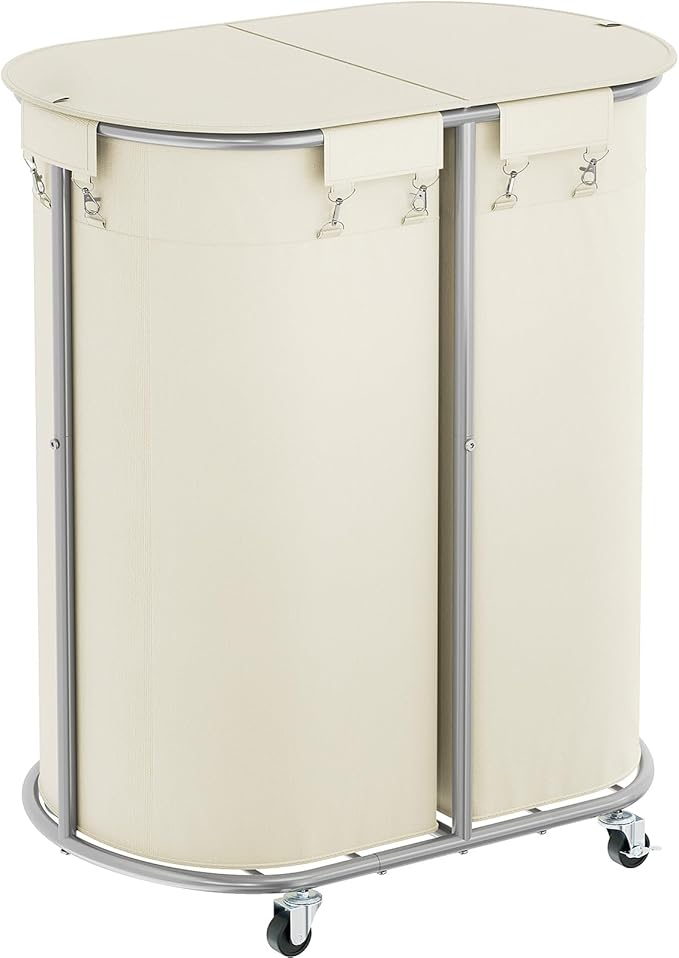 Chrislley 200L Double Laundry Hamper with Wheels and Lid, Large Oval Rolling Laundry Basket 2 section, Laundry Cart with Removable Bags and Iron Frame, Dirty Clothes Hamper for Home, Dorm, Beige