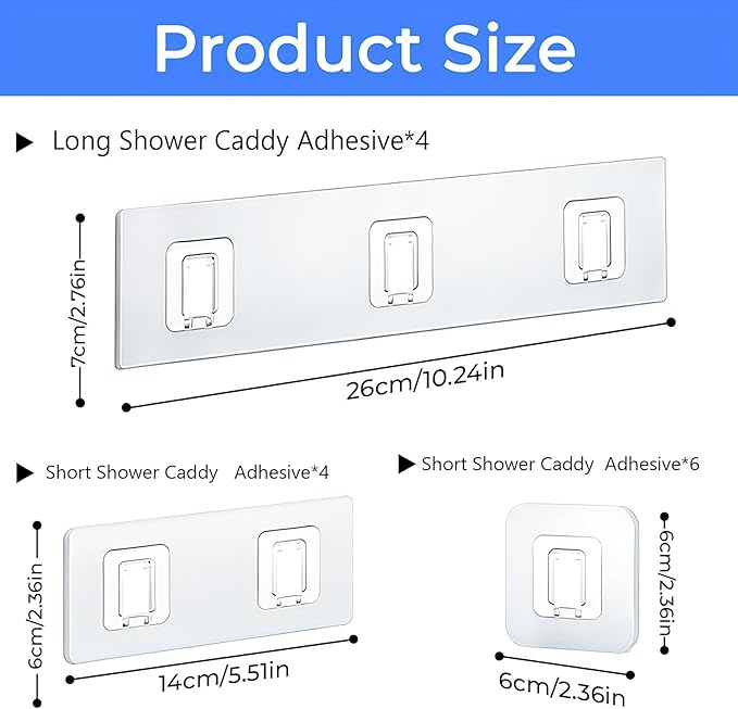EJGIEGSO 14 Pack Shower Caddy Adhesive Replacement Flat Strips, Heavy Duty Transparent Waterproof Hooks for Bathroom Storage Shelves, No-Drilling Sticky Wall Mount Hooks for Kitchen Organizers