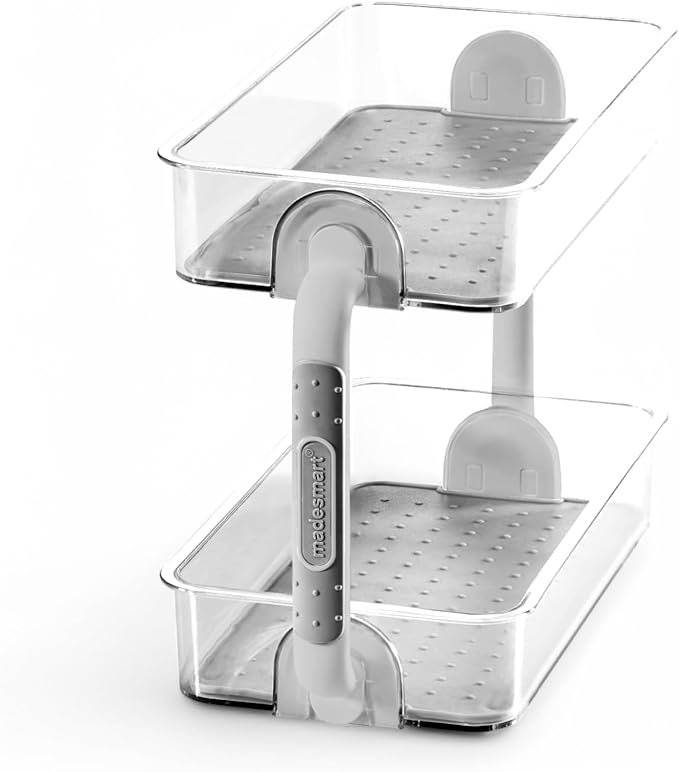 madesmart Tiered Spice Organizer, 8 Jars for Kitchen Essentials, Vertical Storage for Salt, Pepper, Cayenne, Soft-Grip Lining, Dual Handles, Grey