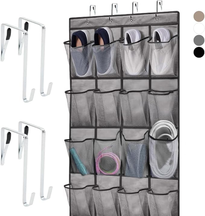 HOME GENIE Over the Door Hanging Shoe Organizer, 24 Breathable Mesh Pockets, Closet Rack Storage Holder, Stay in Place Hooks Hang on Closets, Hanger Holds Up to 40 lbs for Shoes, Accessories, Gray