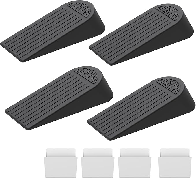 Rubber Small Door Stopper Wedge – 4 Pack Black Door Stoppers Wedge for Bottom Doorstop,Door Stop for Heavy Duty Doors with Self Adhesive Holder Ideal for Homes, Schools, Offices, Workshops