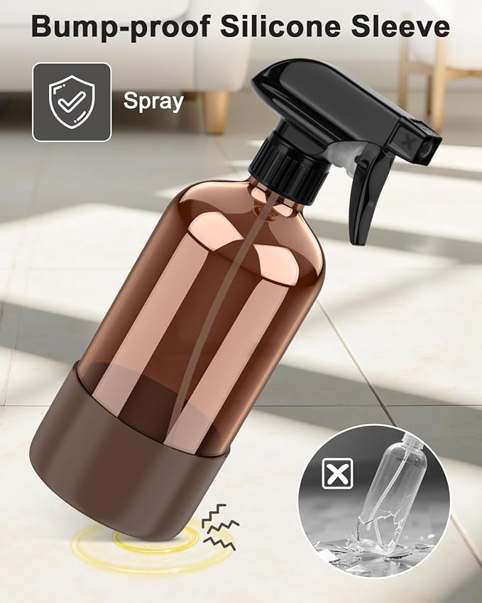 Amber Glass Spray Bottle with Silicone Sleeve Protection, 16 oz Refillable Spray Bottle for Cleaning Solutions, Plants, Aromatherapy, Facial Hydration (Brown Sleeve(Amber Bottle)