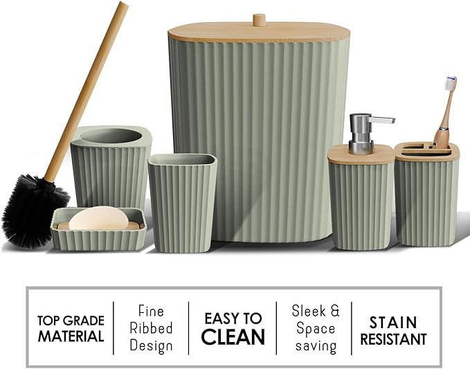 Clara Clark Bathroom Set - Sage Green Bathroom Accessories Set, 6PC Bathroom Accessory Set, Bathroom Sets with Bathroom Rugs, Adhesive Corner Shower Caddy Hanging, Toilet Brush & Trash Can
