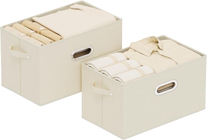 Foldable Cloth Basket with 3 Handles, Decorative Open Storage Boxes, Stackable Cube Organization, Fabric Bins for Shelves, Closet, Living Room, 15x9.8x9.8in, Beige, 2 Pack