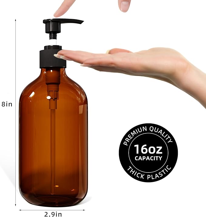 2PCS Amber Dish Soap Dispenser for Kitchen (16 Oz), Brown Hand Soap Dispenser for Bathroom, Plastic Soap and Liquid Dispenser Set with Rust Proof Pump, Refillable Soap Pump Bottles, Waterproof Labels