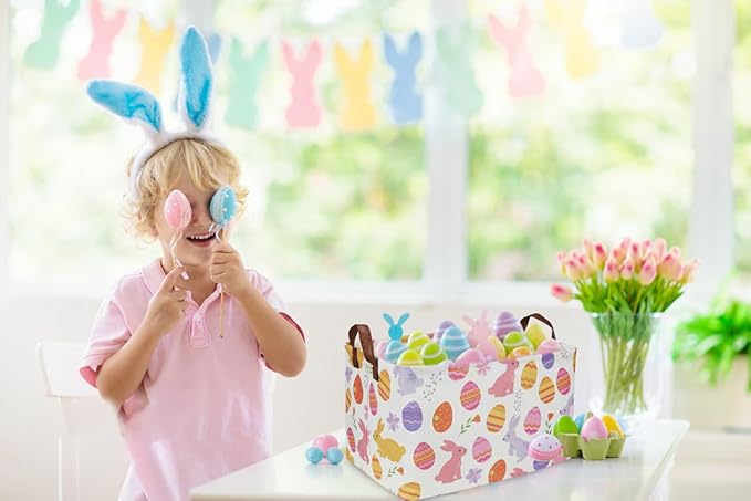 Rectangular Easter Baskets, Kids Easter Basket Organizer.Cute Storage Basket with Handles.Boys and Girls,Easter Bunny Eggs Decor,Toys,Books,Easter Gifts (Rabbit Easter Eggs ) …
