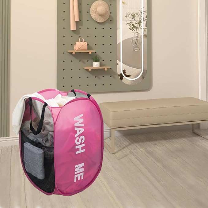 Larpur Pop Up Laundry Baskets, 2 Pack Mesh Laundry Hampers with Handles, Collapsible Clothes Hampers Mesh Basket for Home, Dorm, Travel (Gray + Pink)