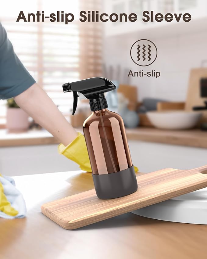 Glass Spray Bottle with Silicone Sleeve Protection, Amber Glass Spray Bottle Set for Window Cleaner Aromatherapy Facial Hydration Watering Flowers Hair Care 2 Pack/16 oz (Brown & Grey, 16 oz)