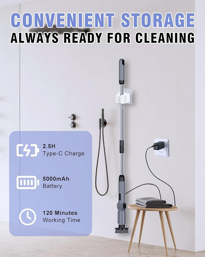 Electric Spin Scrubber, [IPX8 Waterproof ] [50KG Torque] Shower Scrubber with 9 Brush Heads, 2 Speed Mode, 4 Adjustable Angles, Electric Brush for Cleaning for Bathroom Floor Tile (Gray)
