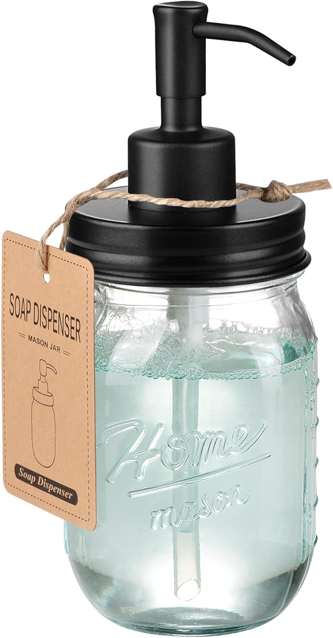 SheeChung 16 Oz Mason Jar Liquid Soap Dispenser, Glass Hand Soap Dispenser, Stainless Steel Pump Lid, Refillable Lotion Dispensers for Bathroom Countertop Kitchen (1, Black)