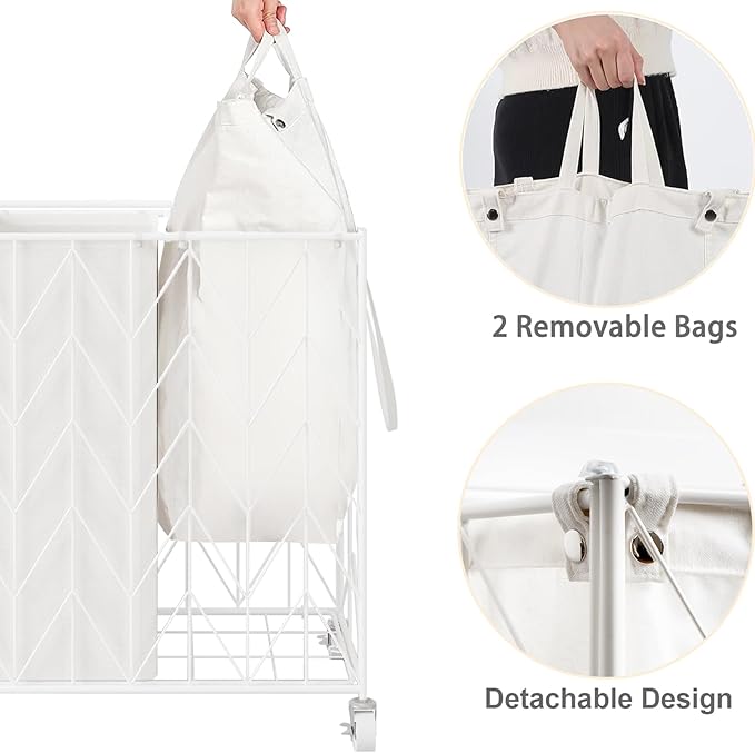 WOWLIVE Laundry Basket with Wheels, Heavy Duty Laundry Hamper with Wood Lid, Clothes Hamper with Divided Removable Liner Bag, Large Capacity Iron-Made Laundry Sorter Laundry Room Organization (White)