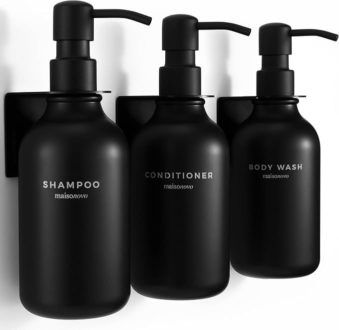 MaisoNovo Shampoo and Conditioner Dispenser - Shower Soap Dispenser Wall Mounted - 16.9 fl oz Set of 3 Black Plastic Bottles Black Plastic Pump - Shampoo Dispenser, Shower Dispenser