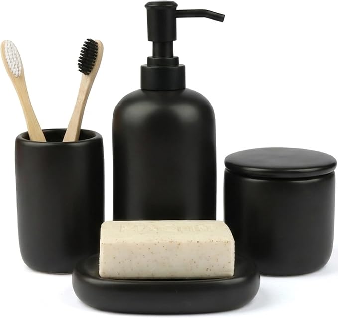 Ceramic Bathroom Accessories Set 4 Pcs – Modern Scandinavian Neutral Bathroom Soap Dispenser Set with Toothbrush Holder, Soap Dish & Cup – Minimalist Bathroom Accessory Set Decor - Black