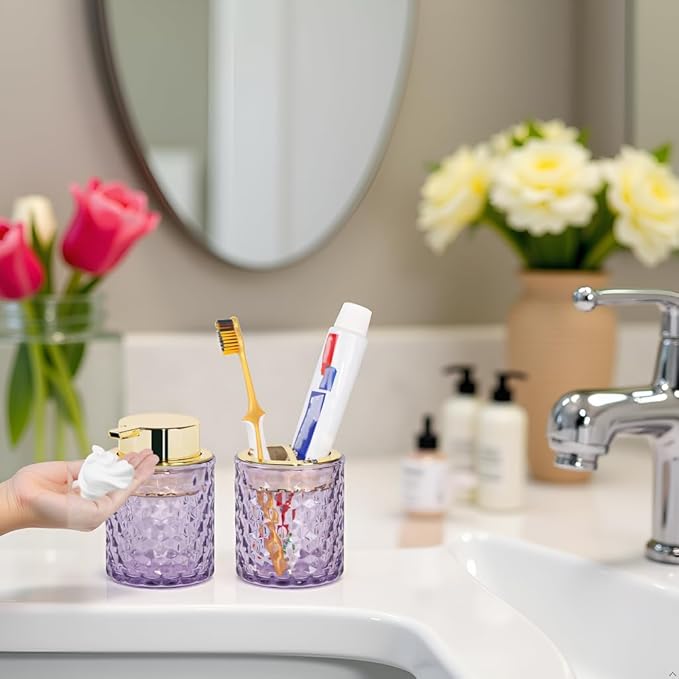 Bathroom Accessories 2 Piece Set Glass Soap Dispenser and Toothbrush Holder, 10oz Foaming Soap Dispenser, Purple Toothbrush and Toothpaste Holder Organizer Cup for Modern Bathroom Decor