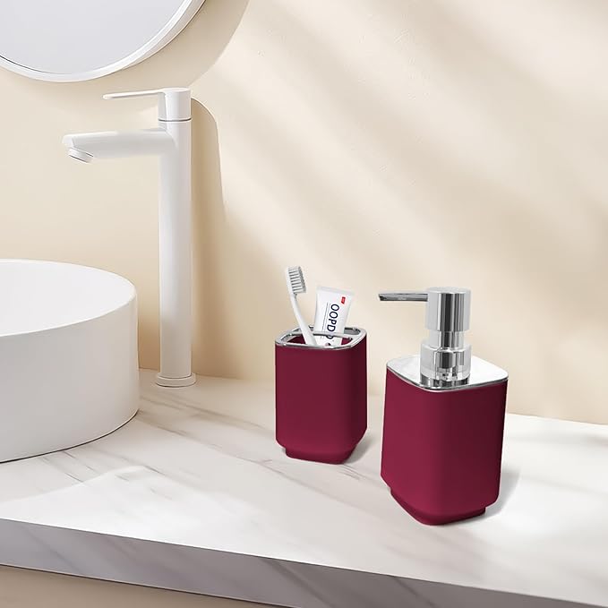 2Pack Burgundy Bathroom Accessories Set, Bohemian Bathroom Sink Set, Contain Soap Dispenser, Toothbrush Holder, Bathroom Toothbrush Holder Set