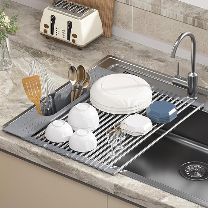 Roll Up Dish Drying Rack Over Sink, 20" X 15.2" Foldable SUS304 Stainless Steel Kitchen Dish Drainer, Heat-Resistant Multipurpose Rolling Sink Rack Organizer, Grey