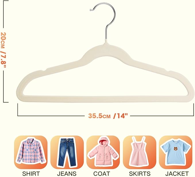 Kids Hangers 50 Pack,14 Inch Kids Velvet Hangers Slim & Space-Saving,Baby Clothes Hangers with 360 Swivel Hook,Heavy Duty Hanger for Infant & Childrens Coats, Pants,and Dress(Beige)