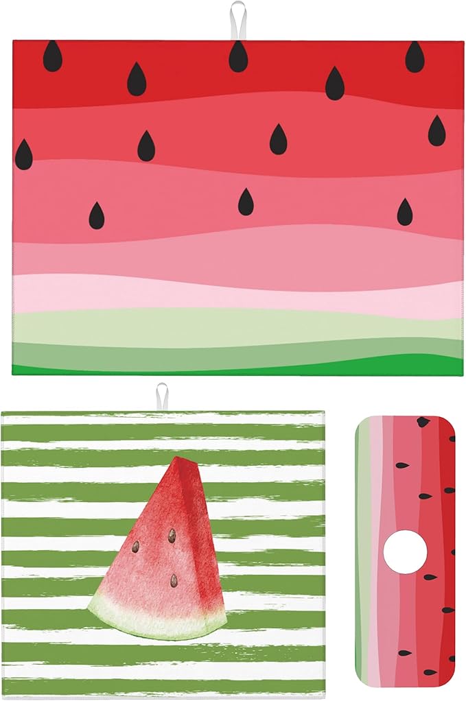 3Pcs Watermelon Dish Drying Mat & Kitchen Sink Splash Guard Faucet Mat For Kitchen Counter Absorbent Microfiber Dishes Pad Dish Drainer Rack Mats Fast Dry Kitchen